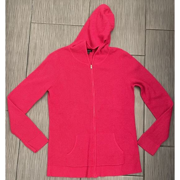 Talbots Cotton Blend Dark Pink Hooded Pockets Full Zip Front Waffle Hoodie Large - Picture 1 of 4